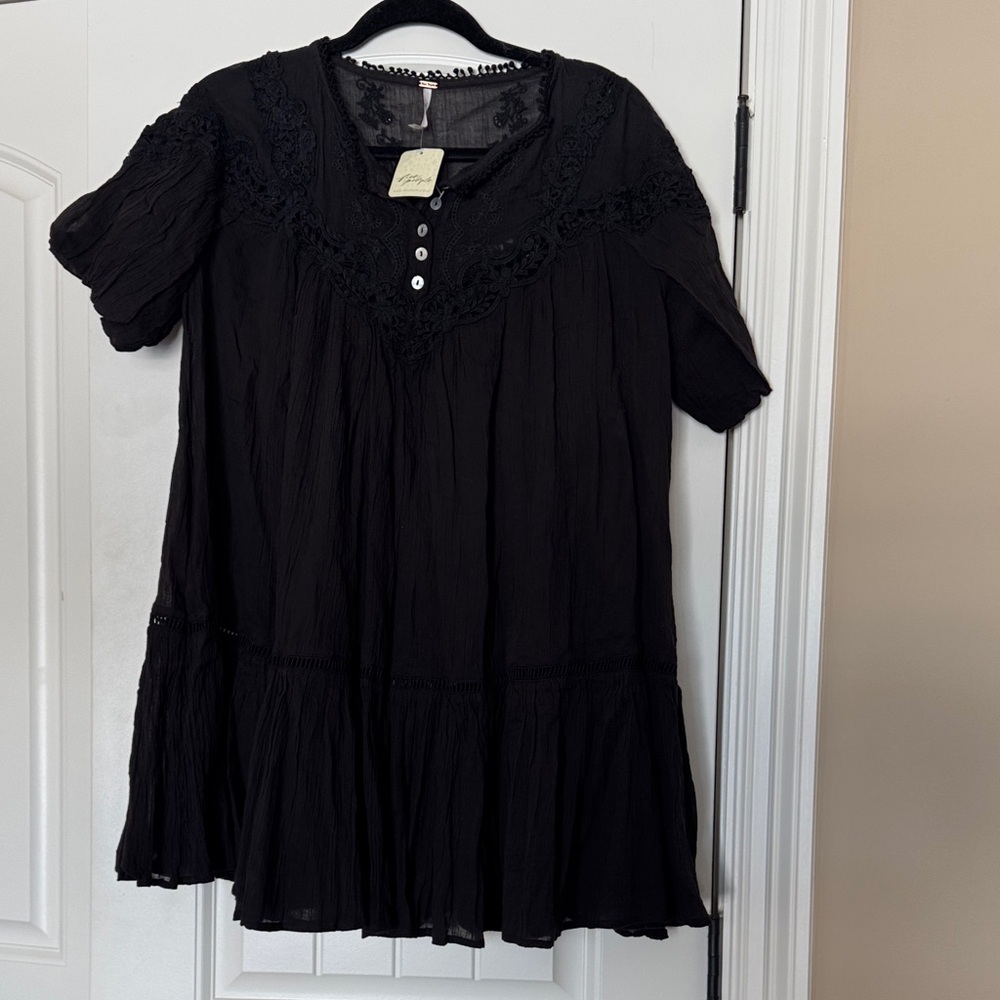 Free People Black Gauze Embroidered Dress